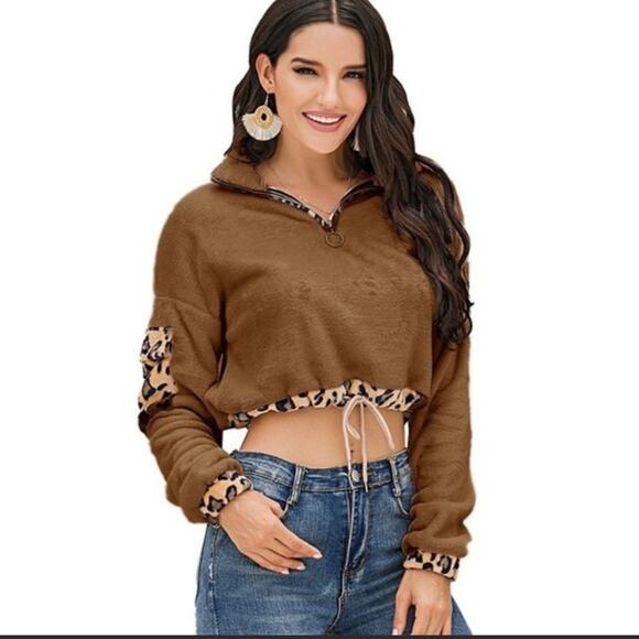 NEW Women's Leopard Print Crop Top Pull Over Sweatshirt Brown Size XL - Picture 1 of 6